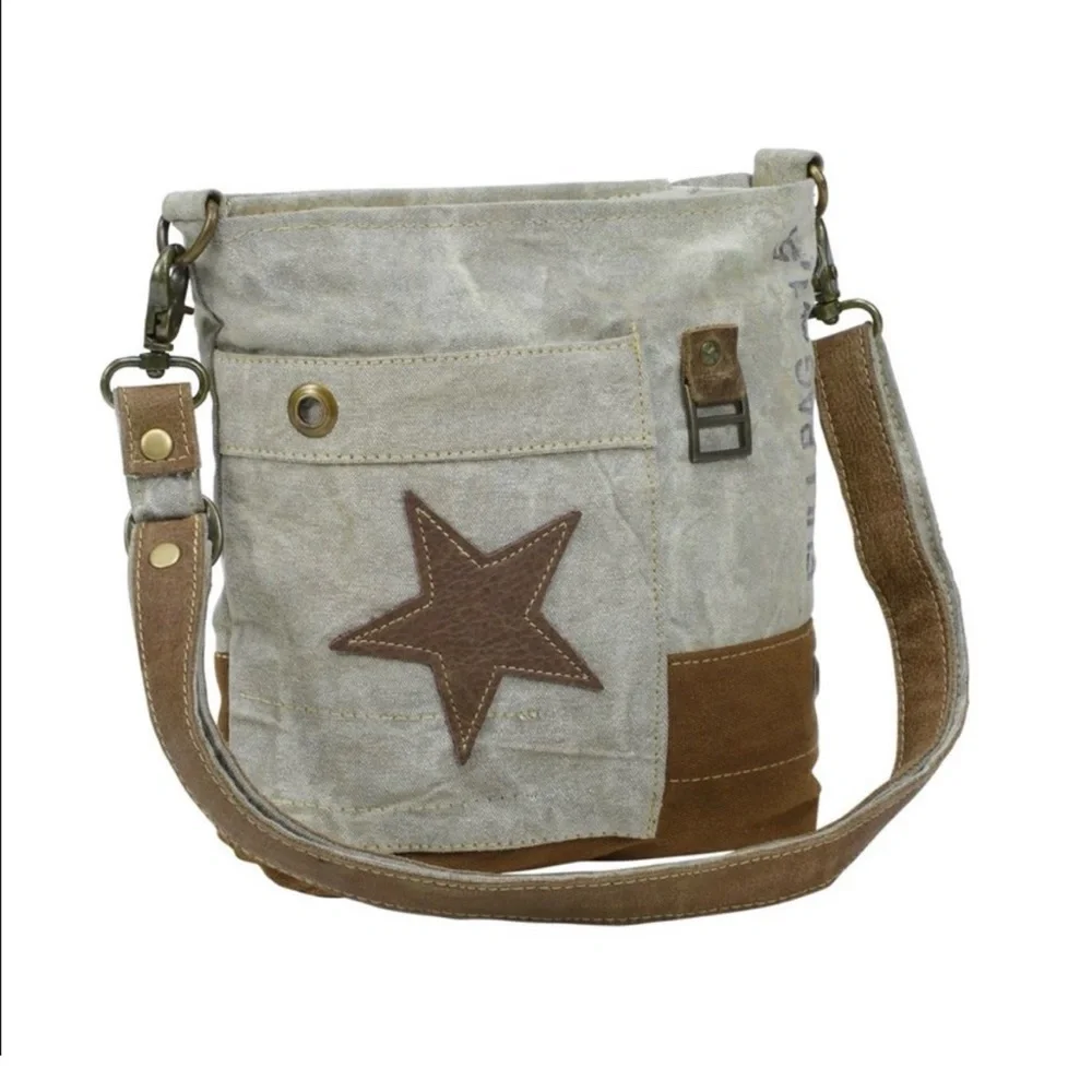 Myra Bag Leather Star Tan and Brown Crossbody Canvas and Leather New With Tags